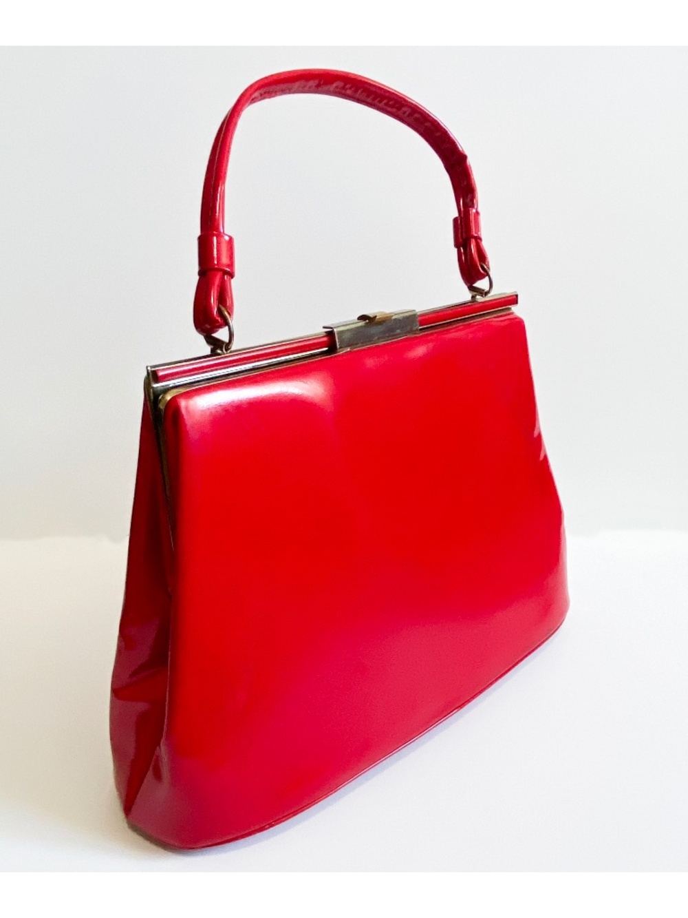 Aetna Vintage 60s Bright Red Patent Leather Top Handle Handbag Mid Century mcm